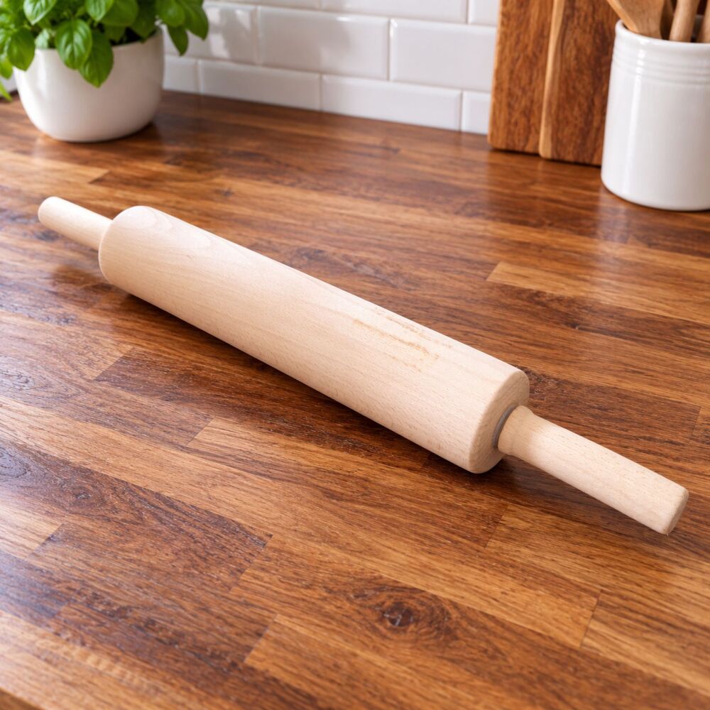 New Pine Wood Rolling Pin w/ Handles Natural Wooden Baking Pastry Dough Roller